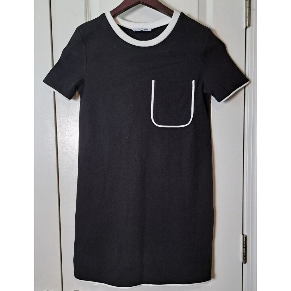 Zara Pocket T-Shirt Dress Size S Knit Short Sleeve Black with White Trim Modern - Picture 2 of 10